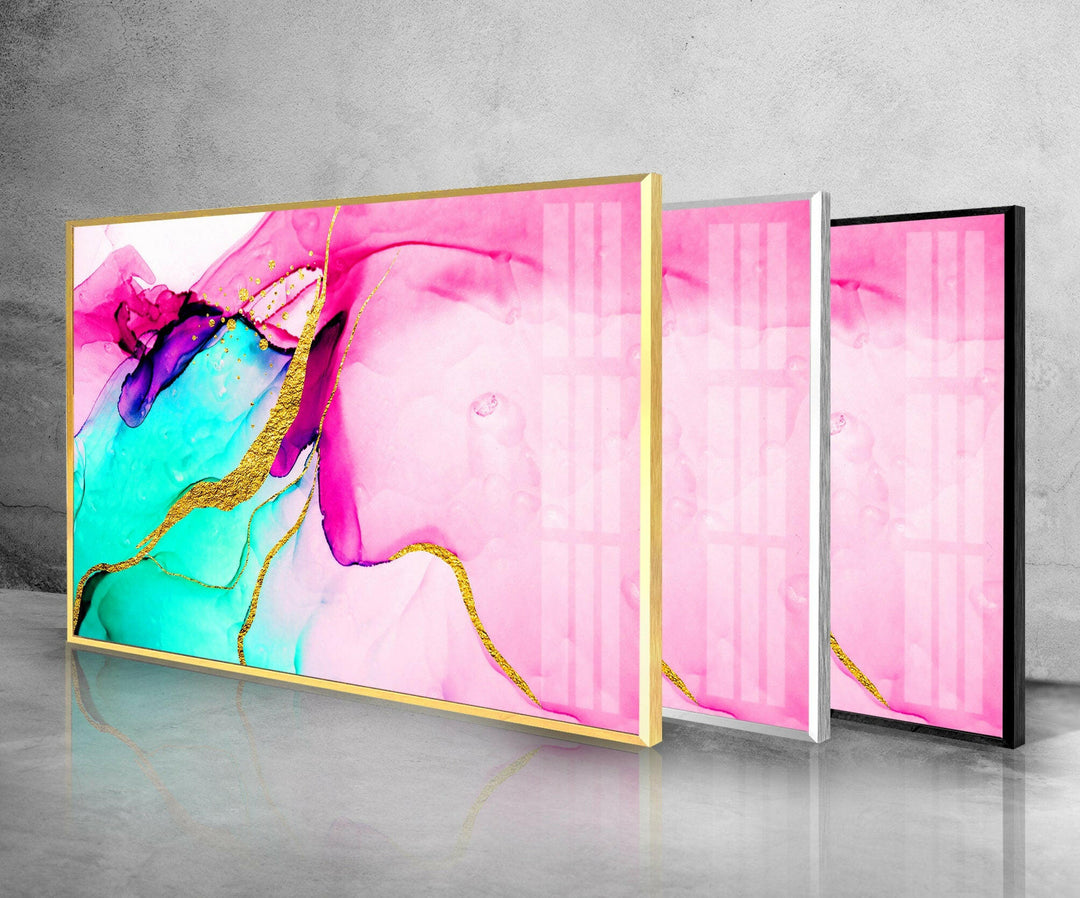 Pink Alcohol ink with Gold Lines Glass Wall Art