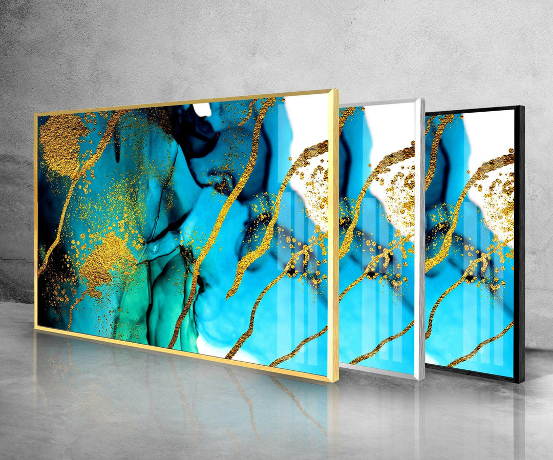 Blue and Golden Marble Glass Wall Art print picture on glass, Tempered Glass Wall Art