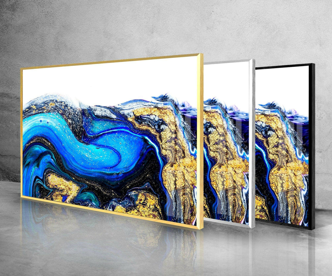 Blue Gold Marble Abstract Glass Wall Art glass pictures for Wall, glass prints wall art