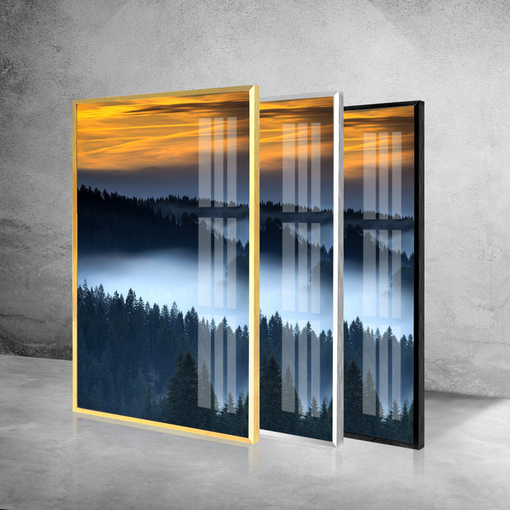 Foggy Forest At Sunset Glass Wall Art, glass wall decor, glass wall art decor