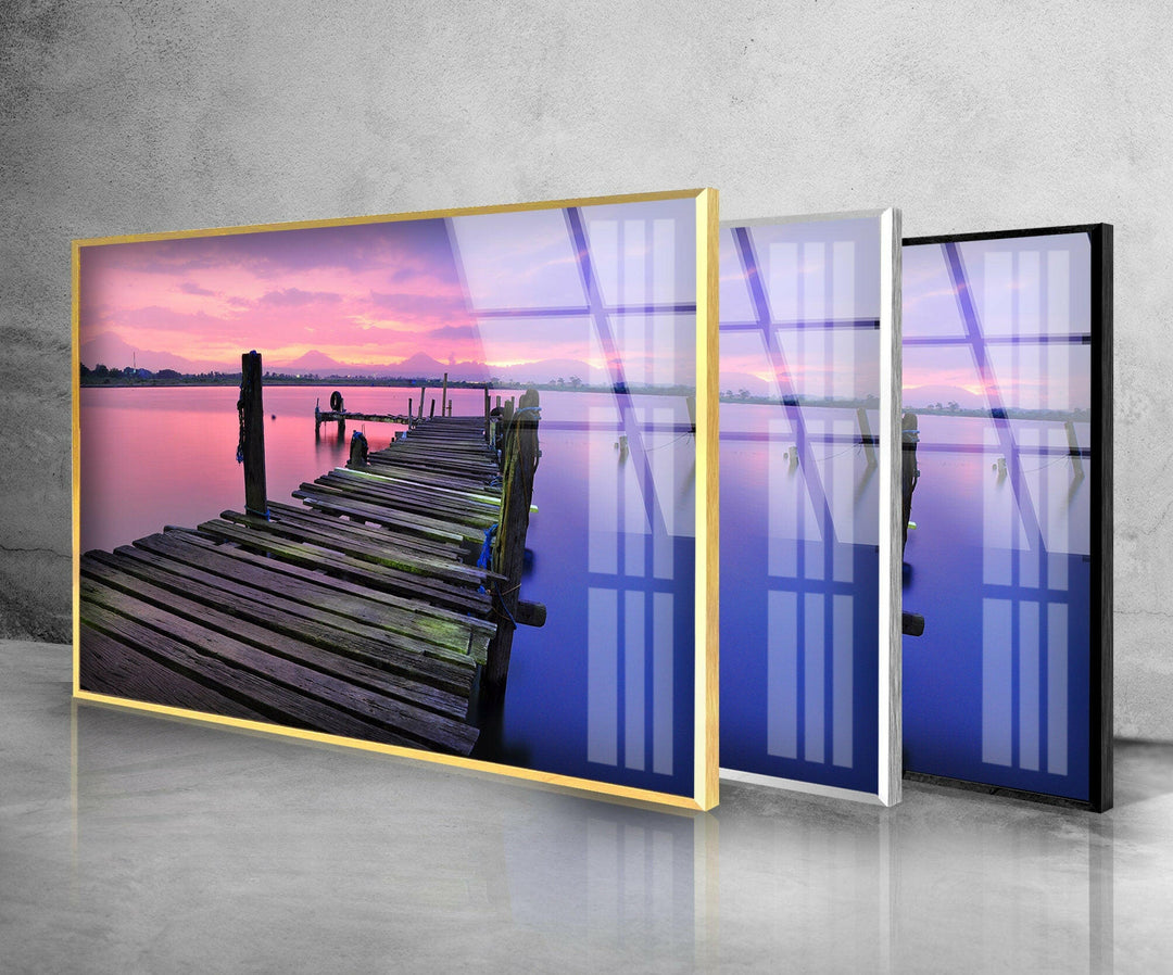 Abandoned Dock Sunrise Glass Wall Art