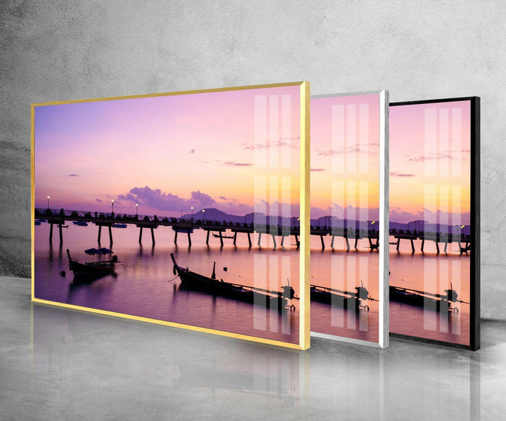 Pink Lake & Boats Glass Wall Art glass pictures for Wall, glass prints wall art