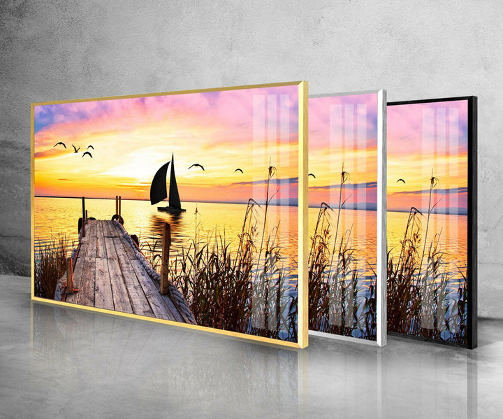 Dock Sunset Landscape Glass Wall Art glass art painting, glass art for the Wall