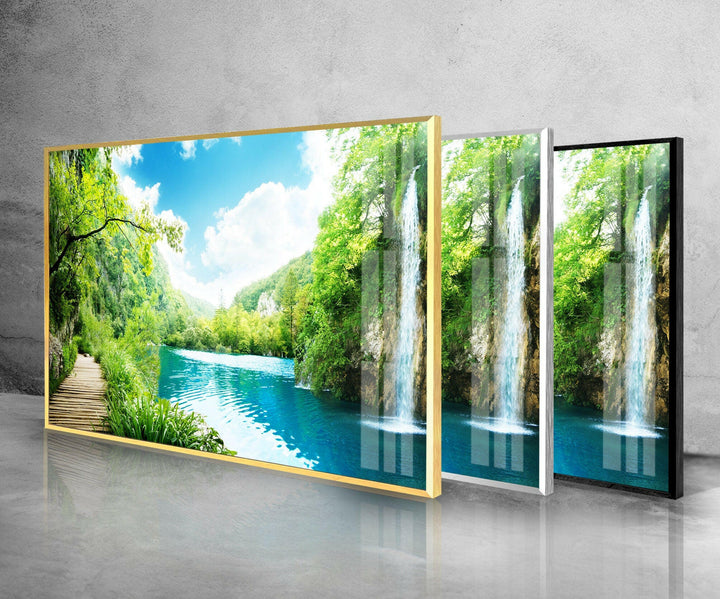 Green Forest & Waterfall Glass Wall Art glass pictures for Wall, glass prints wall art