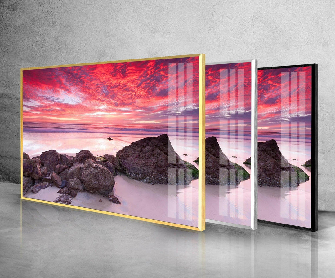 Sunset Landscape & Rocks Glass Wall Art