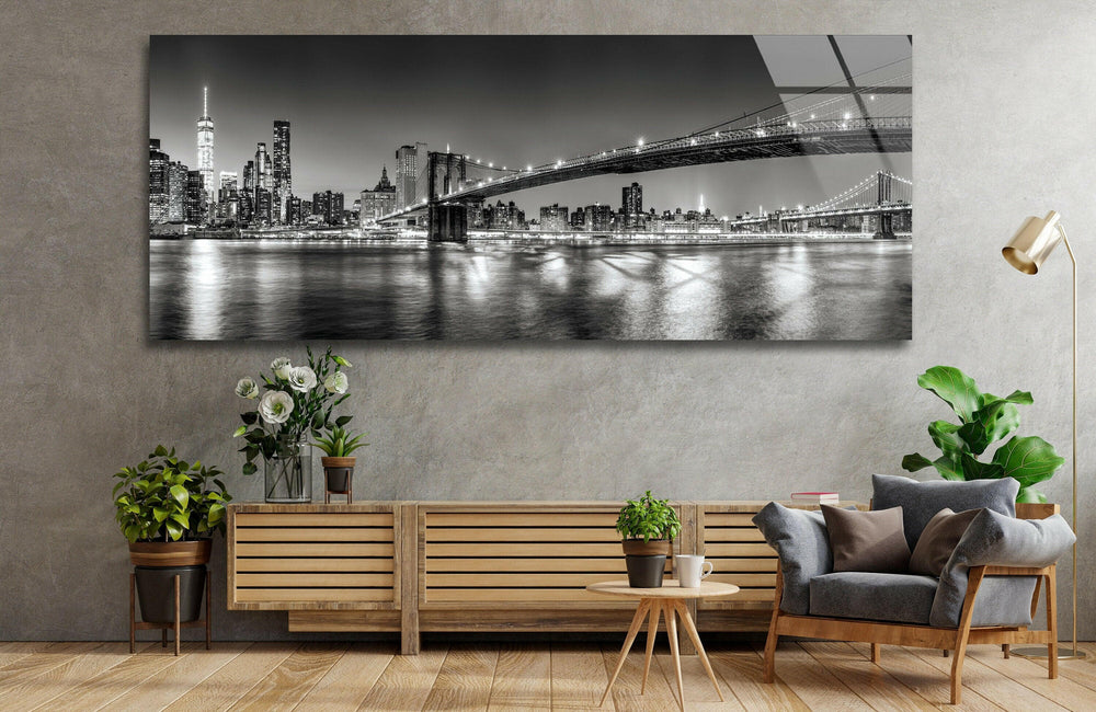 Brooklyn Bridge Black&White Glass Wall Art, photo print on glass, prints on glass wall art