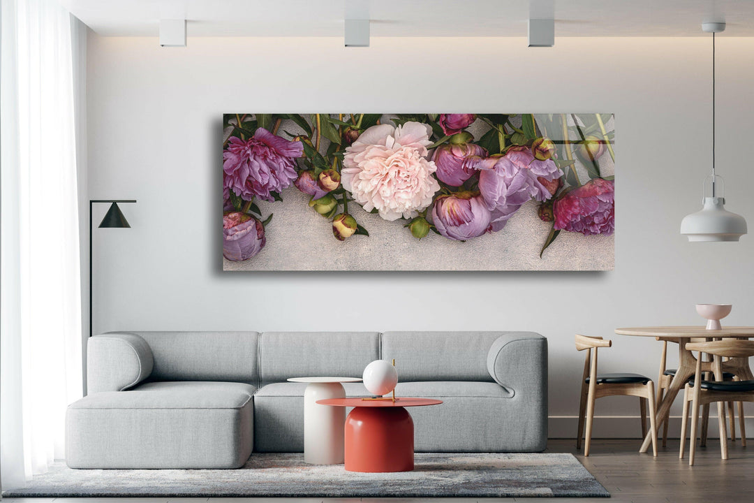 Pink Peony Flowers Glass Wall Art, print on glass, glass printed photos