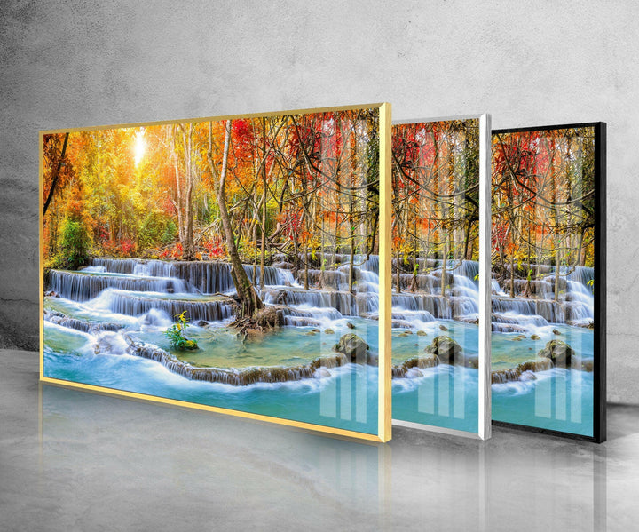 Waterfall in Autumn Forest Glass Wall Art