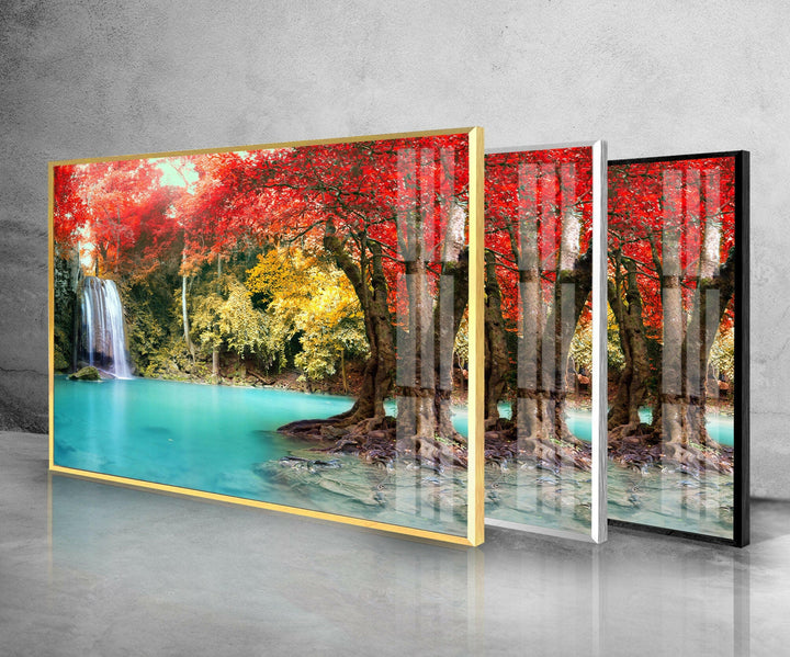 Waterfall in Autumn Forest Glass Wall Art glass pictures for Wall, glass prints wall art