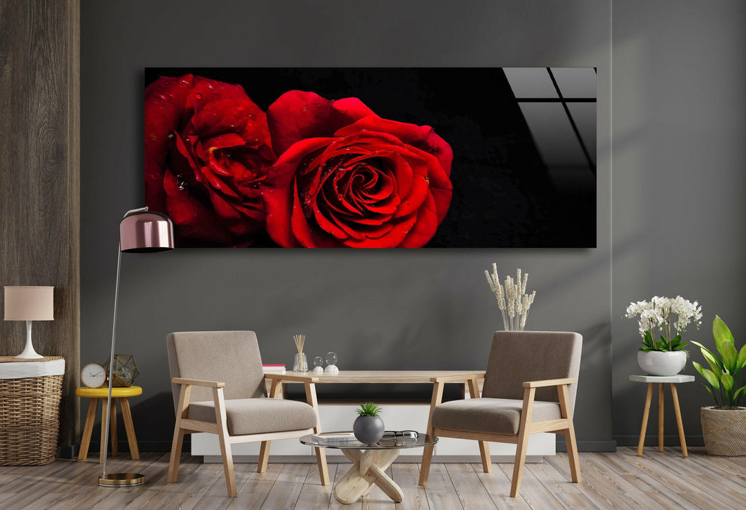 Red Rose Drops Glass Wall Art, glass photo prints, glass picture prints