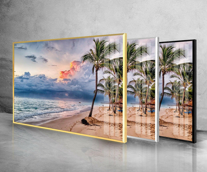 Tropical Beach With Palm Tree Glass Wall Art