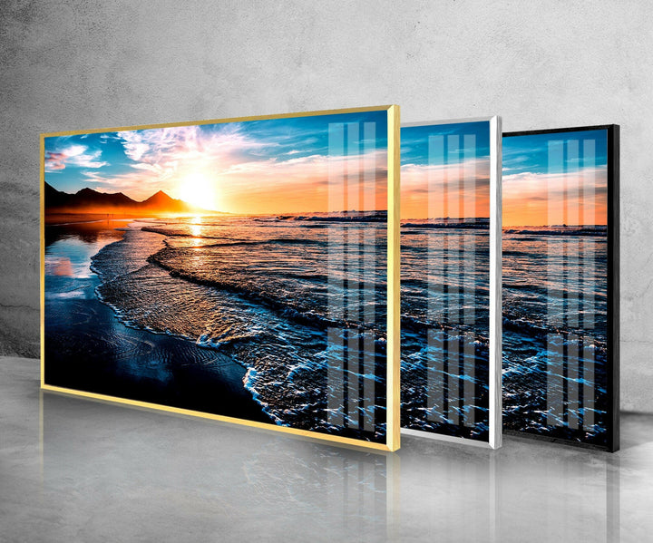 Beach at Sunset & Waves Glass Wall Art photo print on glass, prints on glass wall art