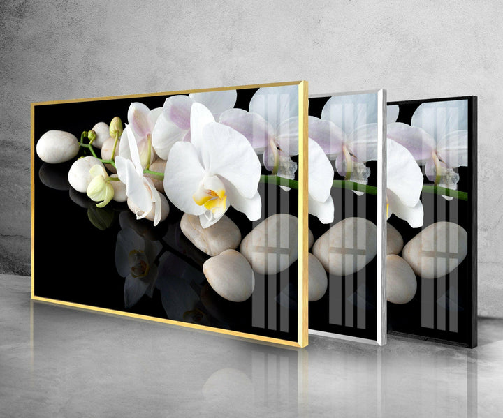 White Orchid Flower Glass Wall Art, glass pictures for Wall, glass prints wall art