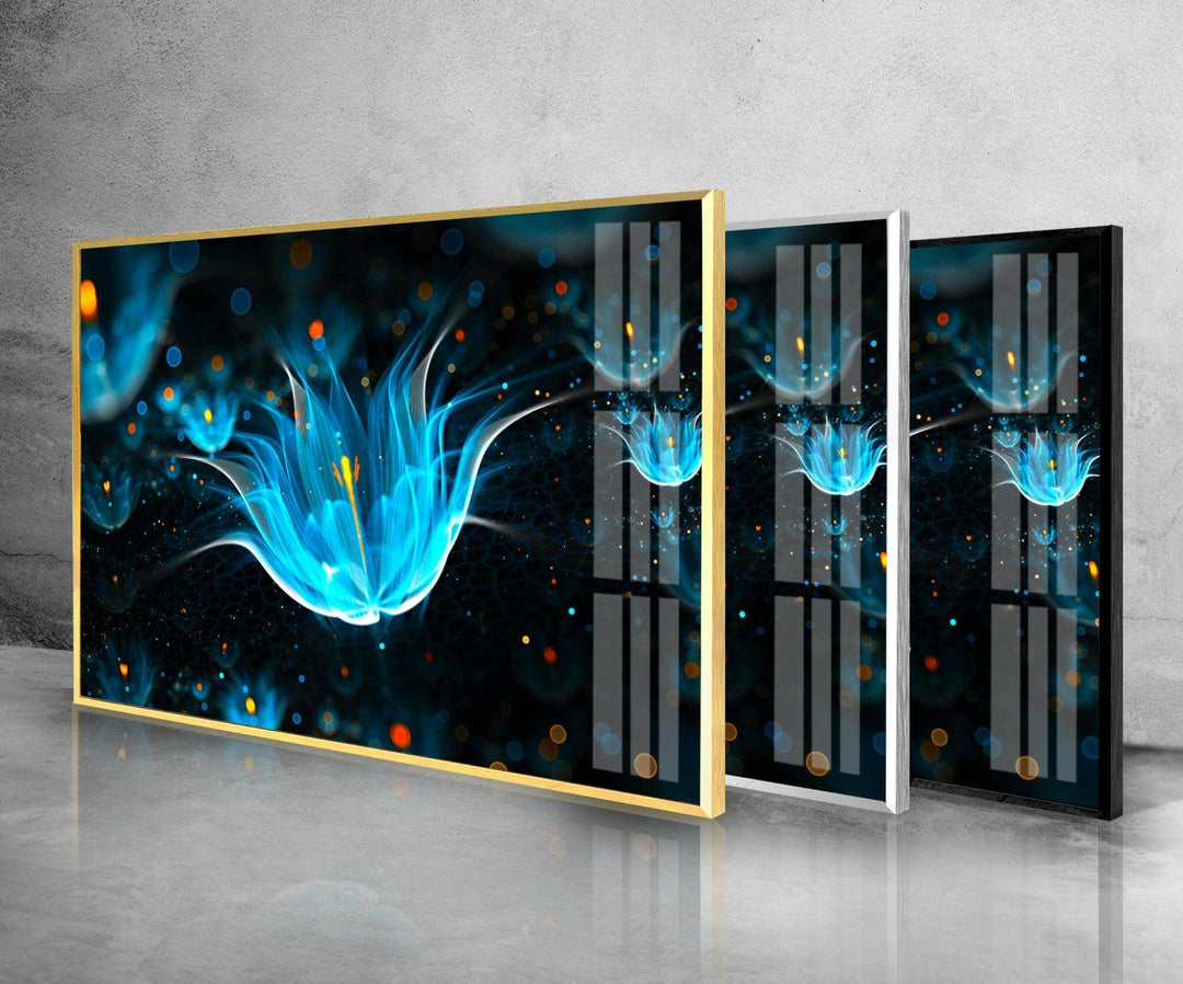 Neon Blue Flower Glass Wall Art, glass image printing, glass prints from photos