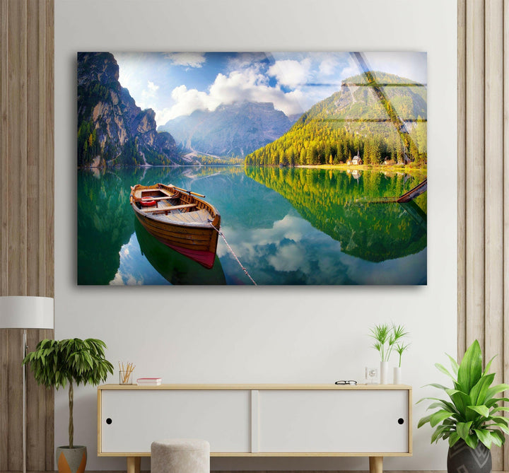 Autumn Boat on Lake Glass Wall Art print on glass, glass printed photos