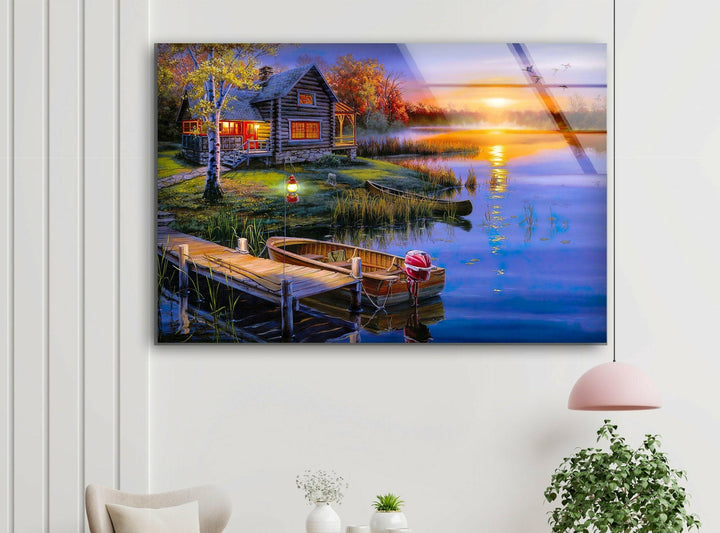 Sunset Lake House Glass Wall Art Glass Printing Wall Art, Print photos on glass