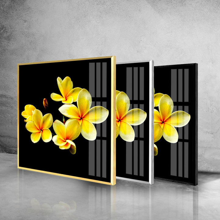 Yellow Plumeria Glass Wall Art, glass art painting, glass art for the Wall