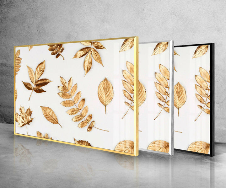 Golden Leaves Glass Wall Art, Glass Printing Wall Art, Print photos on glass