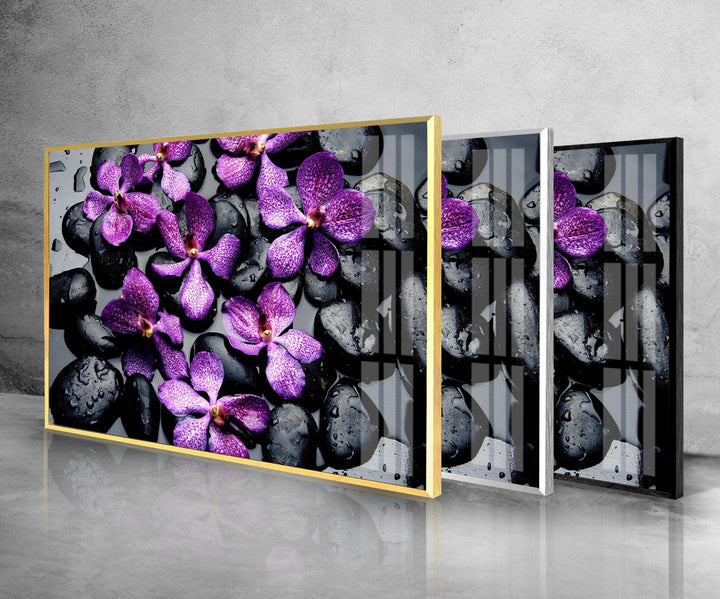 Orchid and Zen Stones Glass Wall Art, photo print on glass, prints on glass wall art
