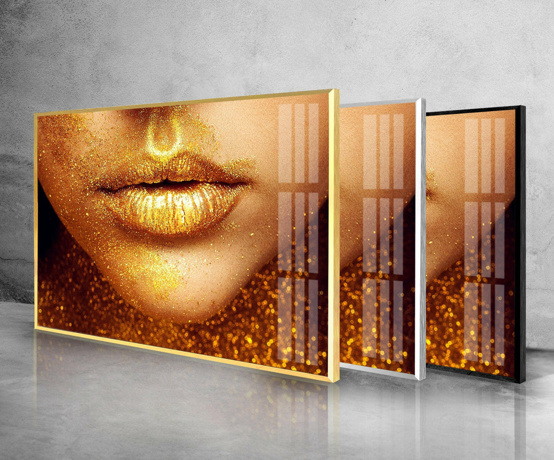 Gold Lips Black Woman Tempered Glass Wall Art - MyPhotoStation