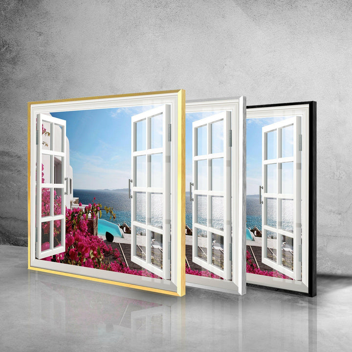 Fake Window Santorini Island Glass Wall Art print picture on glass, Tempered Glass Wall Art