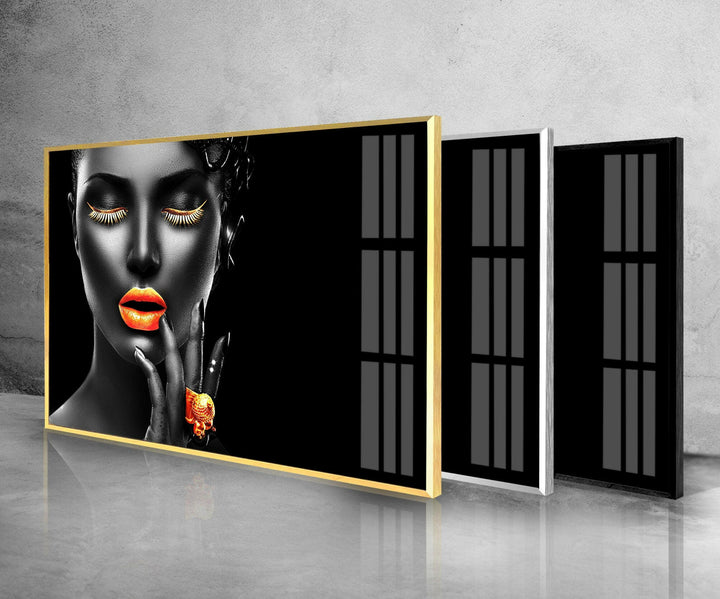 Gold Lips Woman Portrait Tempered Glass Wall Art - MyPhotoStation