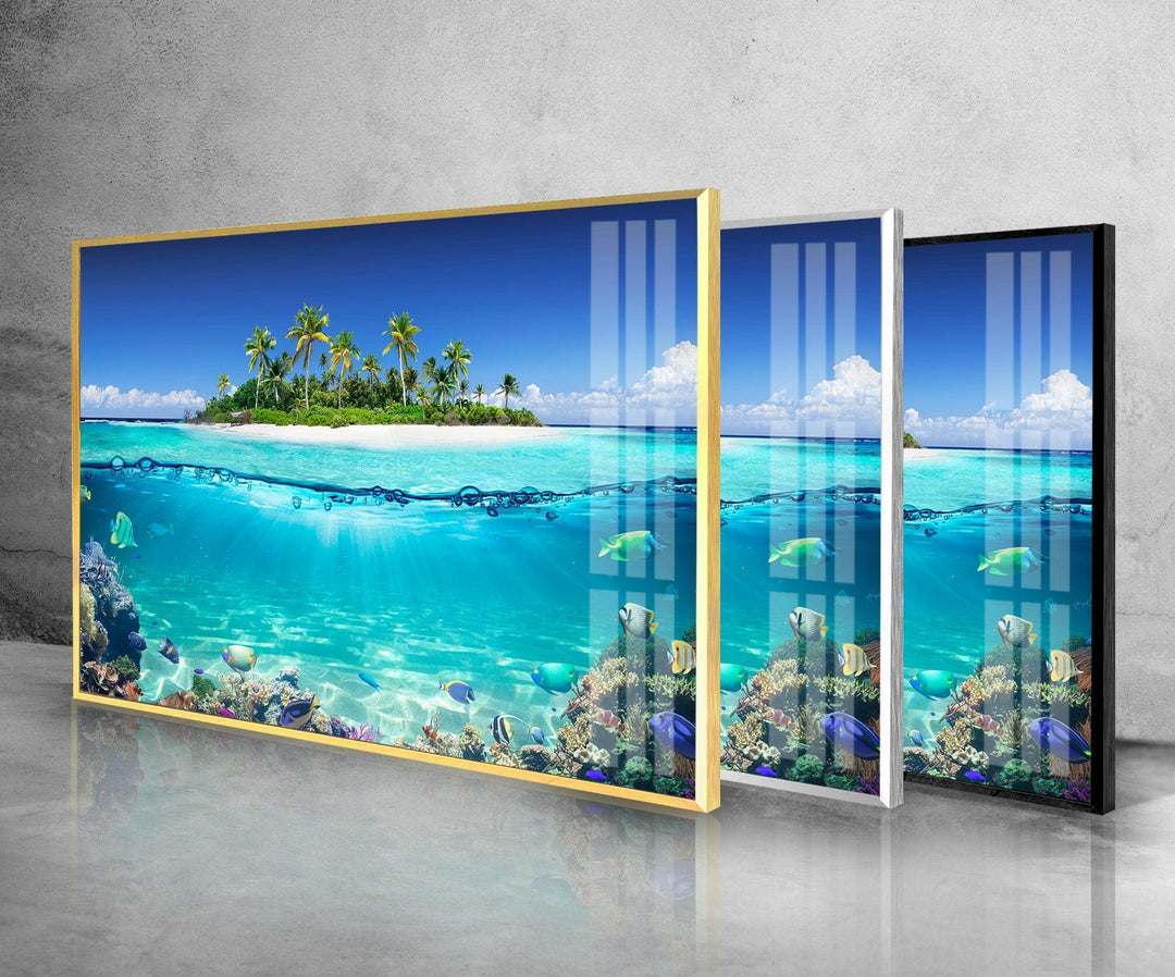 Tropical Island & Fishes Glass Wall Art