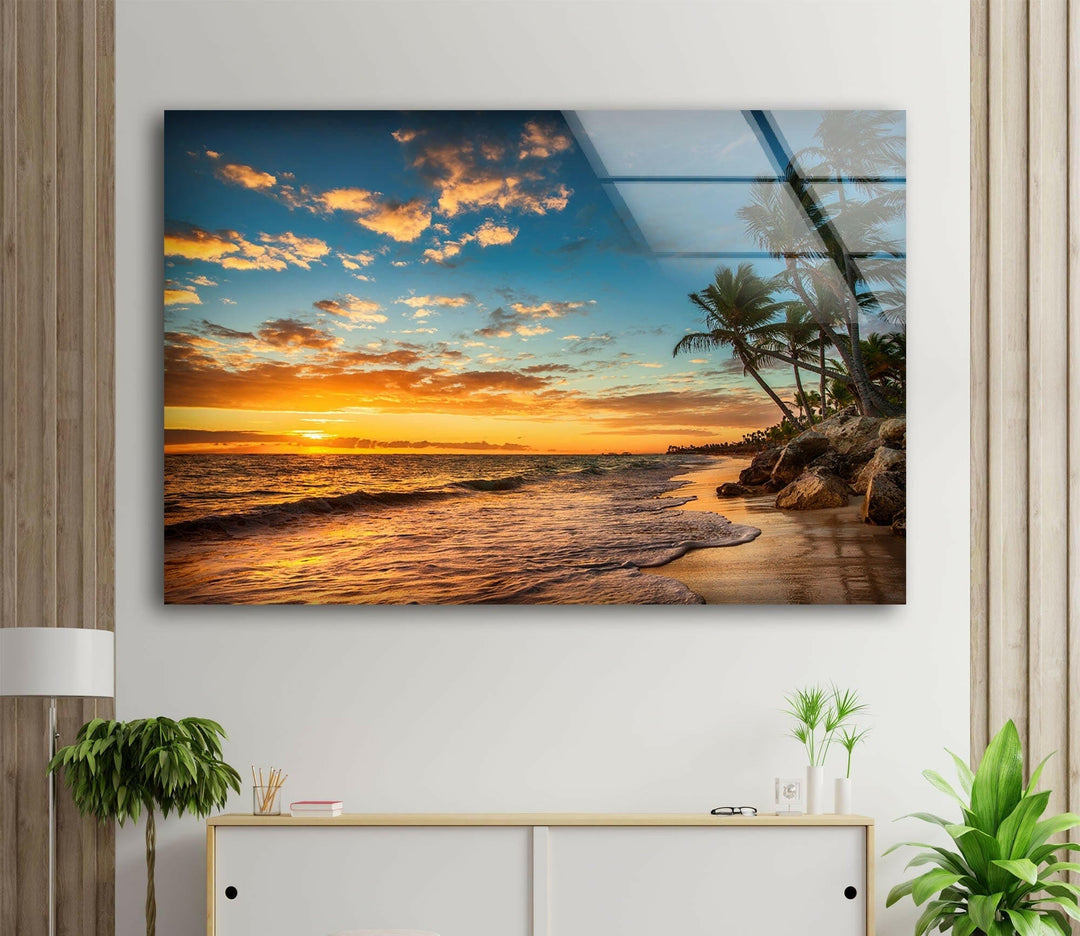 Sunrise on a Tropical Island Glass Wall Art