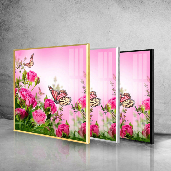 Pink Rose Butterfly Glass Wall Art, photo print on glass, prints on glass wall art