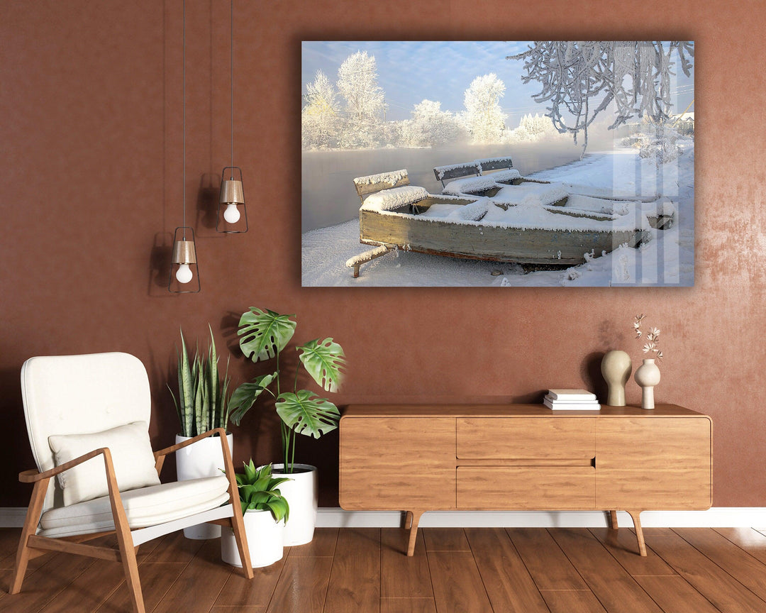 Frozen Winter Boats Glass Wall Art glass pictures for Wall, glass prints wall art