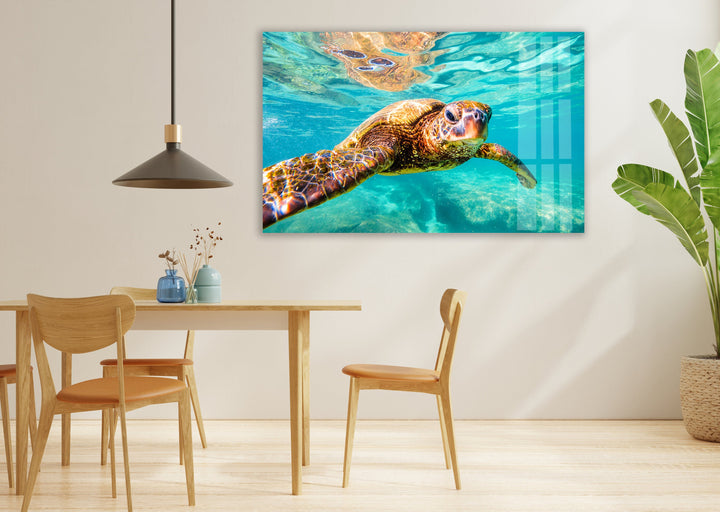 Sea Turtle Swimming Glass Wall Art             glass wall decor, glass wall art decor