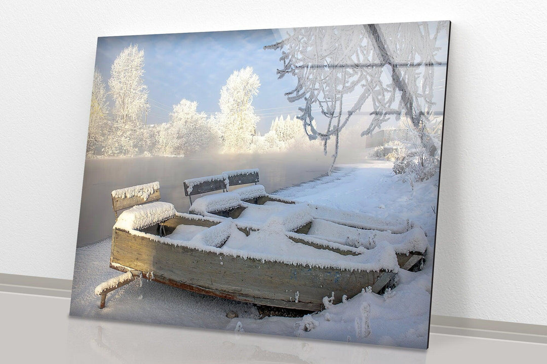 Frozen Winter Boats Glass Wall Art custom glass pictures, glass art prints