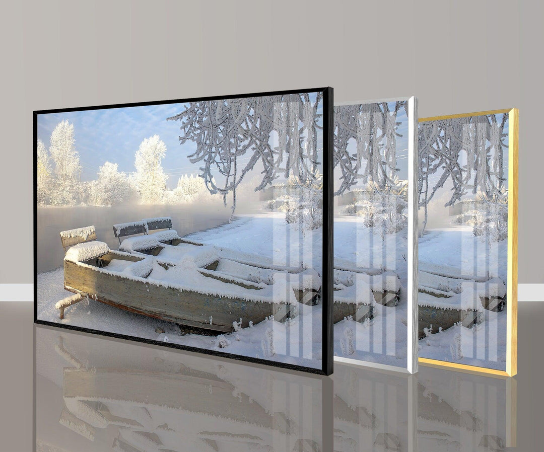 Frozen Winter Boats Glass Wall Art picture on glass wall art, photos printed on glass