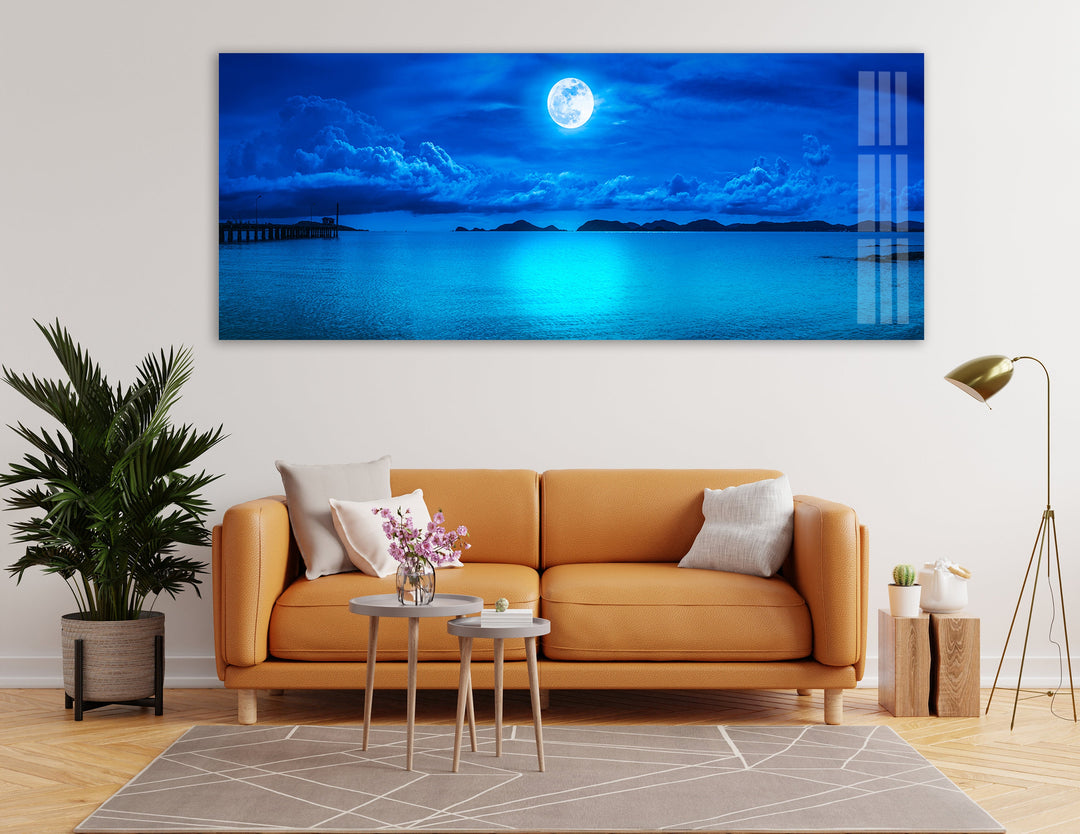 Blue Full Moon & Sea Landscape Glass Wall Art, art glass wall art, glass wall art pictures