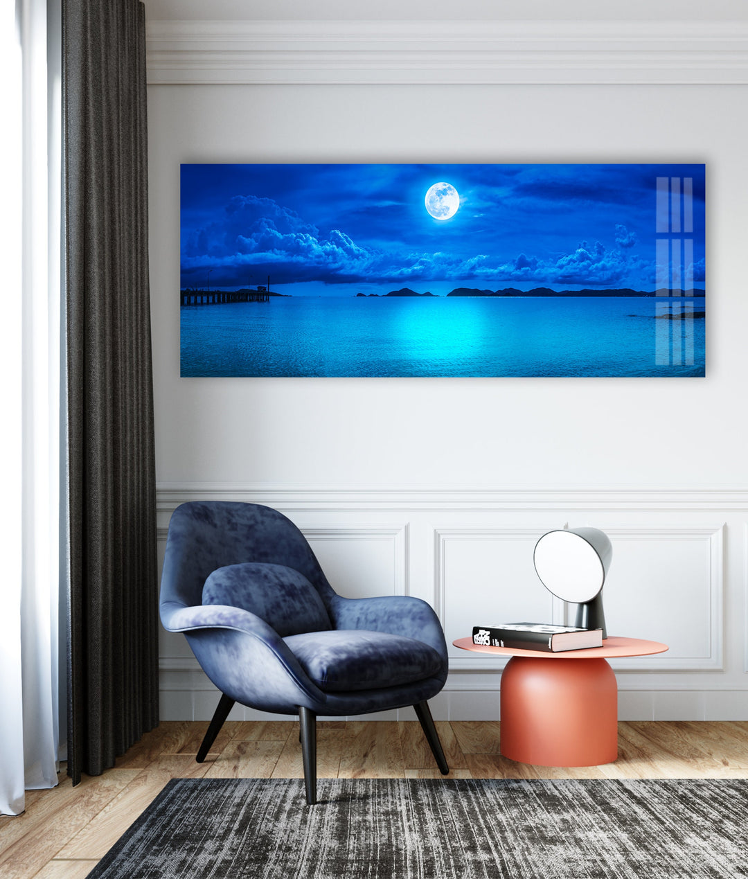 Blue Full Moon & Sea Landscape Glass Wall Art, Glass Printing Wall Art, Print photos on glass