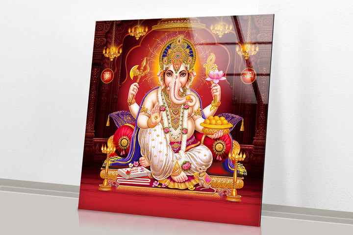 Red Lord Ganesha Glass Wall Artwork Designs