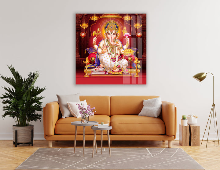 Red Lord Ganesha Glass Wall Art | Custom Glass Pictures