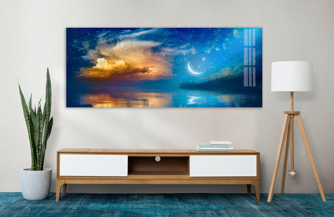 Starry Moon Sky Night Seascape Glass Wall Art, picture on glass wall art, photos printed on glass