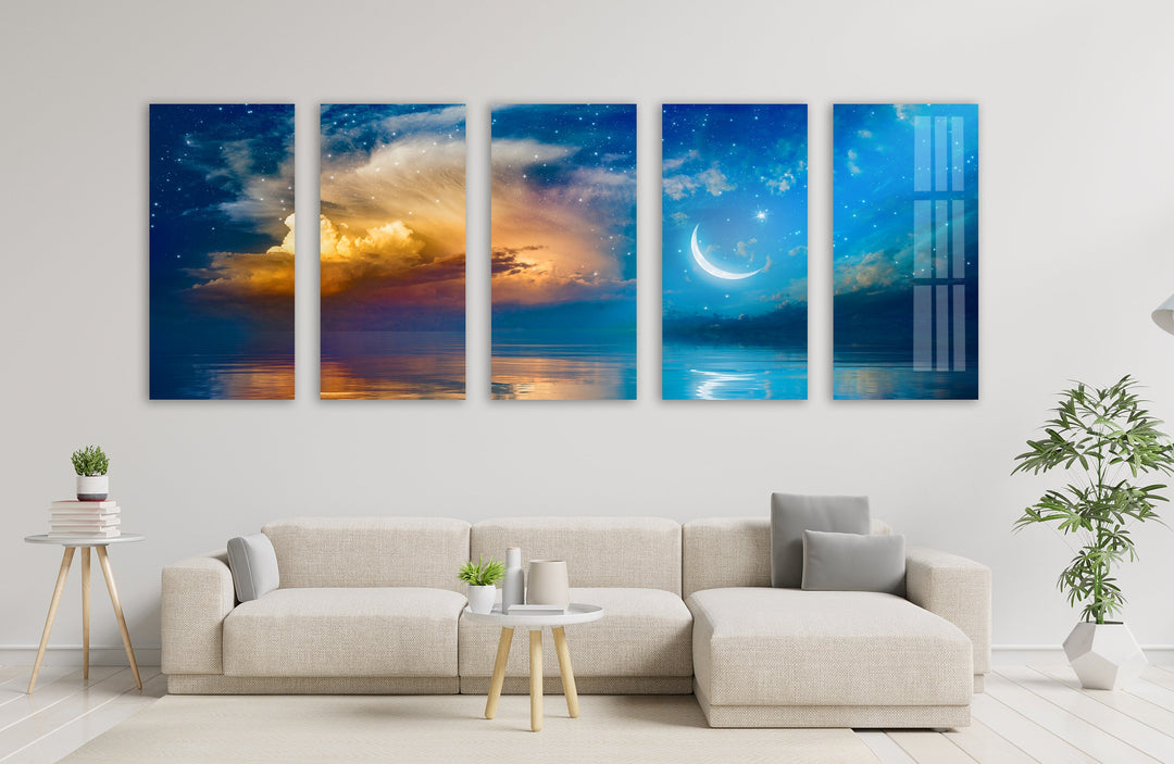 Starry Moon Sky Night Seascape Glass Wall Art, custom glass photo prints, large glass prints