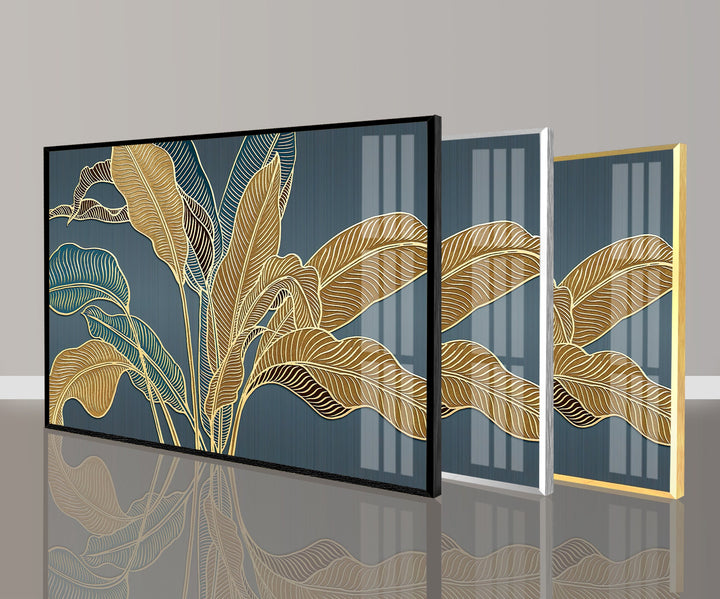 Golden Banana Leafs Glass Wall Art, custom glass pictures, glass art prints