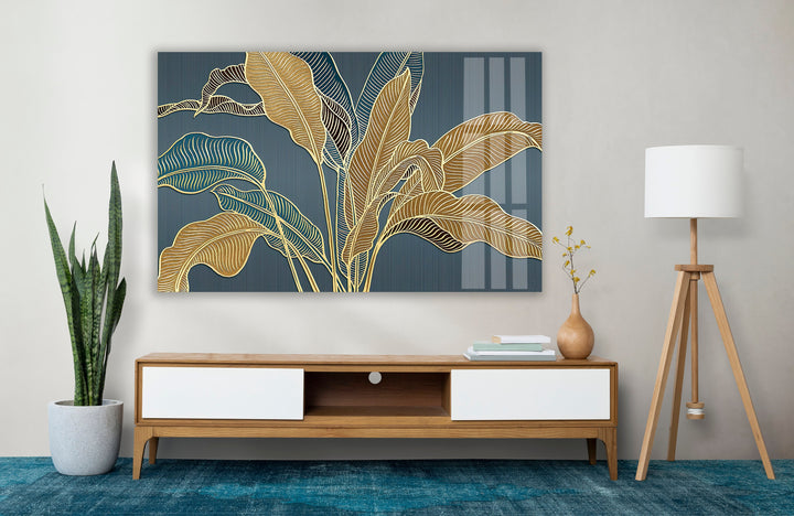 Golden Banana Leafs Glass Wall Art, glass pictures for Wall, glass prints wall art