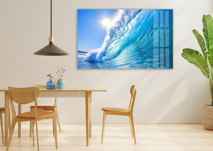 Ocean Blue Waves Glass Wall Art photo print on glass, prints on glass wall art