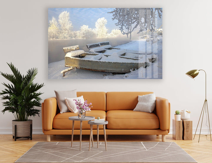 Frozen Winter Boats Glass Wall Art glass image printing, glass prints from photos