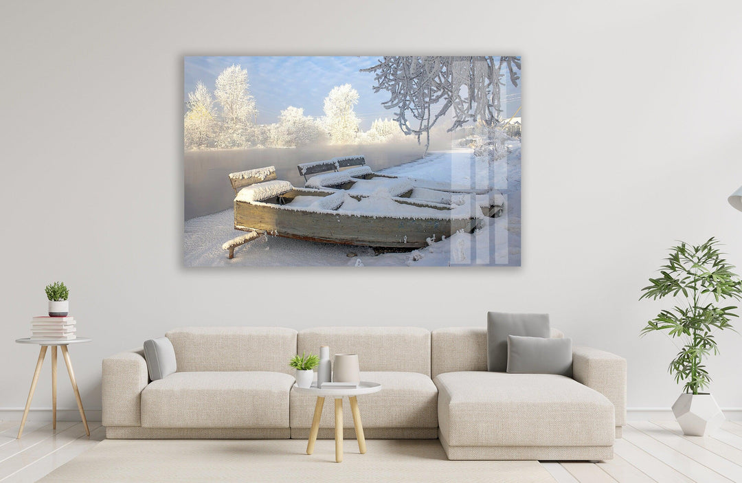 Frozen Winter Boats Glass Wall Art glass photo prints, glass picture prints