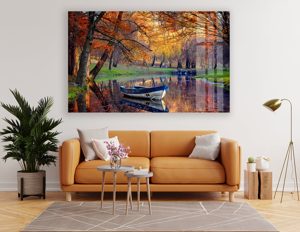 Autumn & Boat Landscape Glass Wall Art glass wall decor, glass wall art decor 