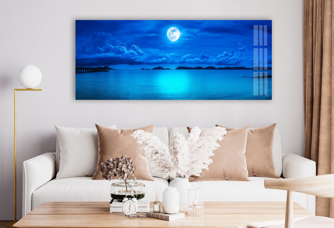 Blue Full Moon & Sea Landscape Glass Wall Art, glass art painting, glass art for the Wall