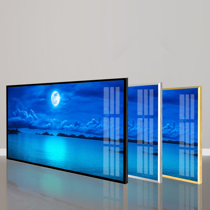 Blue Full Moon & Sea Landscape Glass Wall Art, glass photo prints, glass picture prints