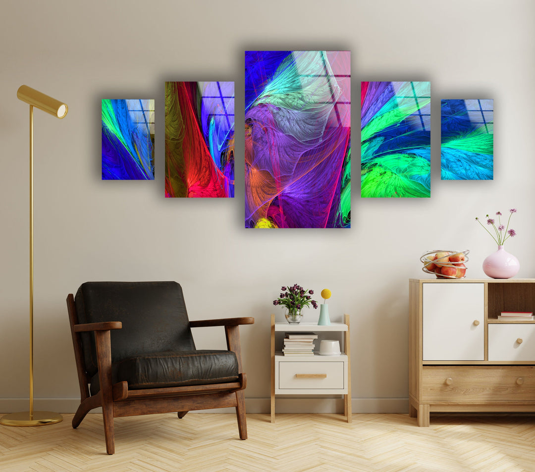 Colorful Neon Fractal Abstract Glass Wall Art, picture on glass wall art, photos printed on glass