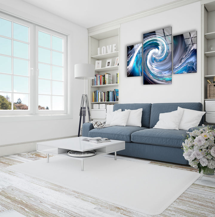 Blue White Spiral, Fractal Cloud Glass Wall Art, picture on glass wall art, photos printed on glass