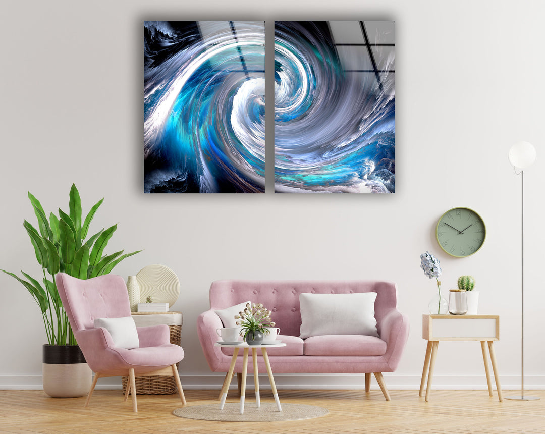 Blue White Spiral, Fractal Cloud Glass Wall Art, custom glass pictures, glass art prints